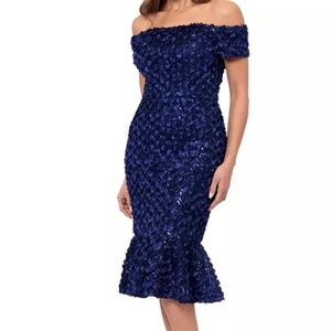 Xscape Off The Shoulder Lace Midi Dress